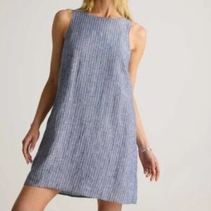 Quince 100% European Linen Tank Mini Dress Navy Blue Chambray Stripe